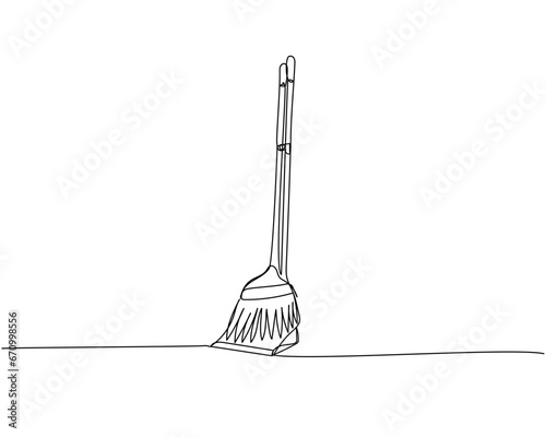 Broom and dustpan, cleaning brush, construction site, cleaning one line art. Continuous line drawing of repair, professional, hand, people, concept, support, maintenance.