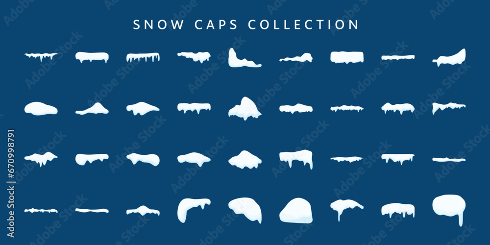 Snow caps and snow drift winter decorative flat illustration element. Collection of snow caps, snow ball, snow flake for poster, social media template on december and winter event. - obrazy, fototapety, plakaty 