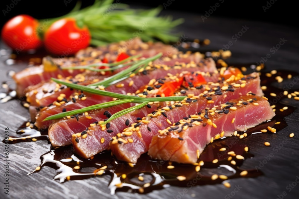 tuna steak cooked with sesame and soy sauce close-up