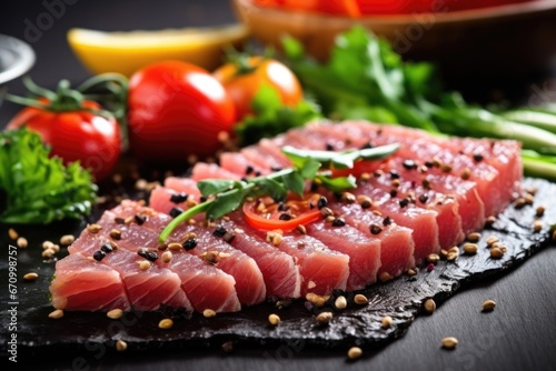 tuna steak cut into thin slices, garnished with black sesame seeds