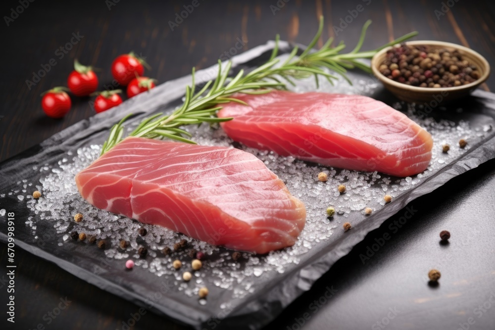 two tuna steaks drenched in sesame seeds on a gray slate tray two tuna steaks drenched in sesame seeds on a gray slate tray