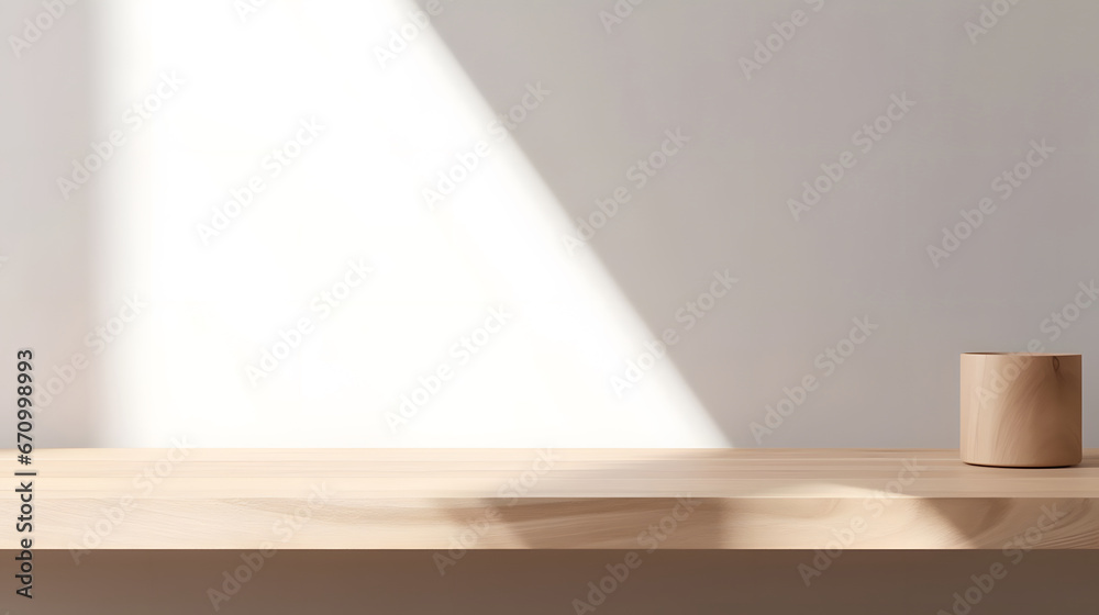 Obraz premium Empty minimal natural wooden table counter podium, beautiful wood grain in sunlight, shadow on white wall for luxury cosmetic, skincare, beauty treatment, decoration product display background 3D