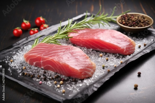 two tuna steaks drenched in sesame seeds on a gray slate tray