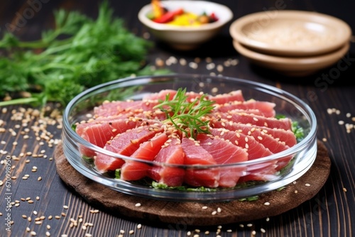 tuna steak on a glass dish with sesame seeds sprinkled around