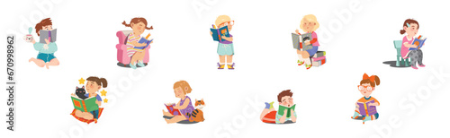 Reading Children with Interesting Book Enjoy Recreation Vector Set