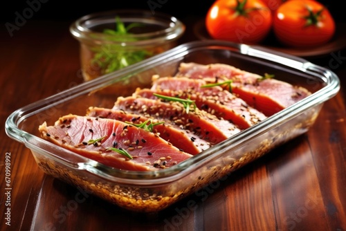 sliced seared tuna steak with sesame seeds on glass dish