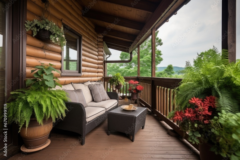 balcony of log cabin adorned with plants and furniture
