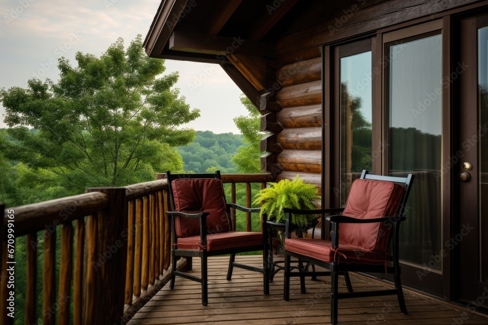 log cabins balcony furnished with rustic chairs