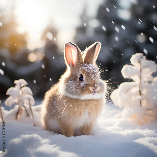 Fluffy bunny sitting in snowy forest outdoors. Photo created with generative AI technologies