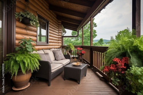 balcony of log cabin adorned with plants and furniture