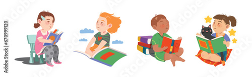 Reading Children with Interesting Book Enjoy Recreation Vector Set