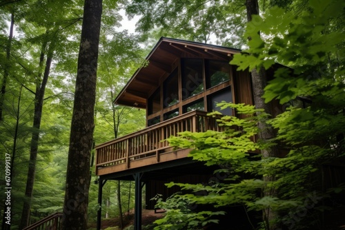 cabin with balcony viewed through forest foliage © primopiano