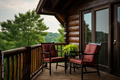log cabins balcony furnished with rustic chairs