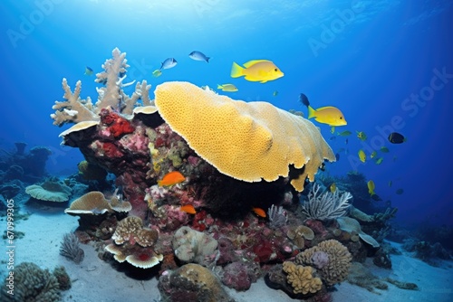 yellow submarine exploring a bright, colorful coral reef