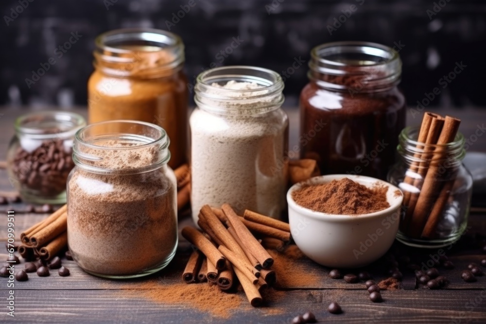 a batch of vegan hot chocolate mix in glass jars a batch of vegan hot chocolate mix in glass jars