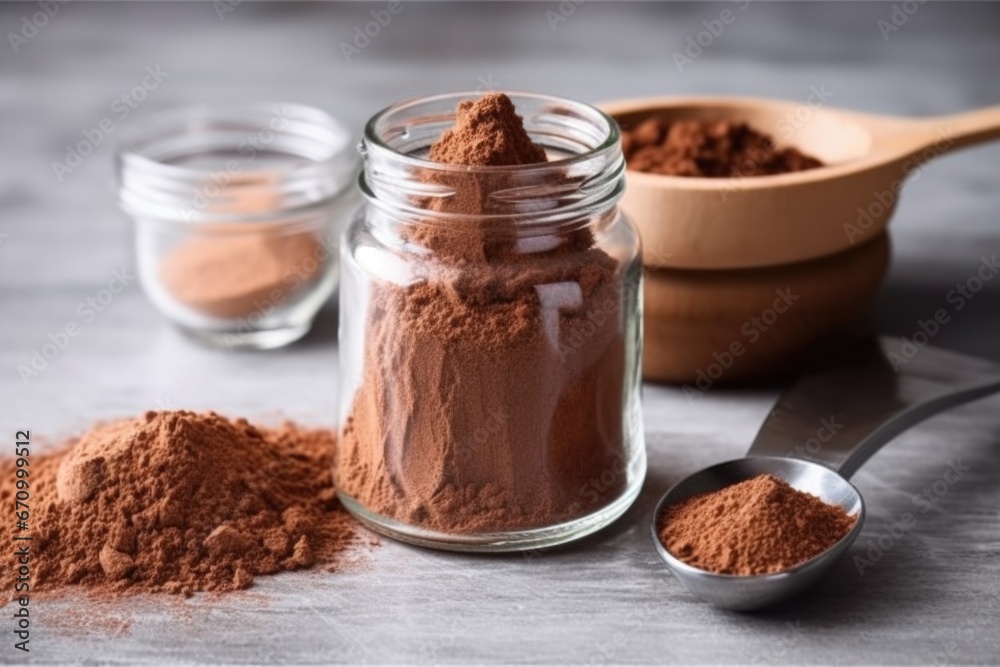 a scoop of cocoa powder in a glass jar on a kitchen countertop a scoop of cocoa powder in a glass jar on a kitchen countertop