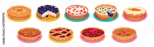 Baked Pie Made from Pastry Dough with Sweet Fruit Filling Vector Set