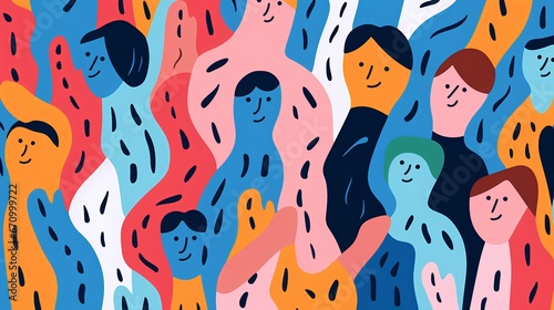 Abstract illustration, diverse group of people. Modern and simplistic art style, with each individual represented by a unique color, emphasizing diversity and inclusivity.