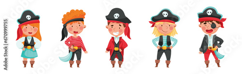 Cheerful Boy and Girl in Pirate Costume with Sword or Saber Vector Set