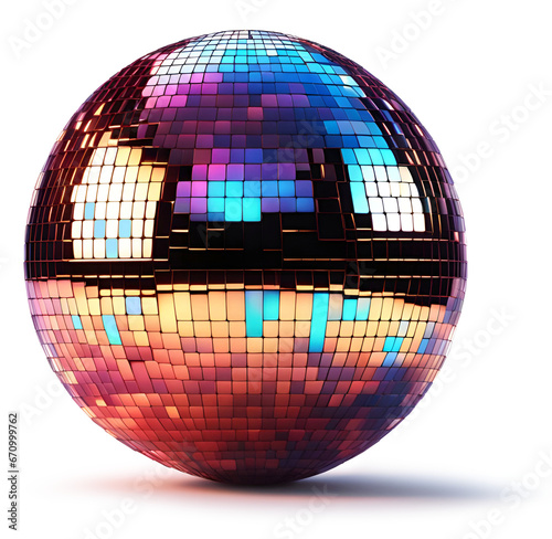 Colorful disco mirror ball reclecting discotheque floor and lights
