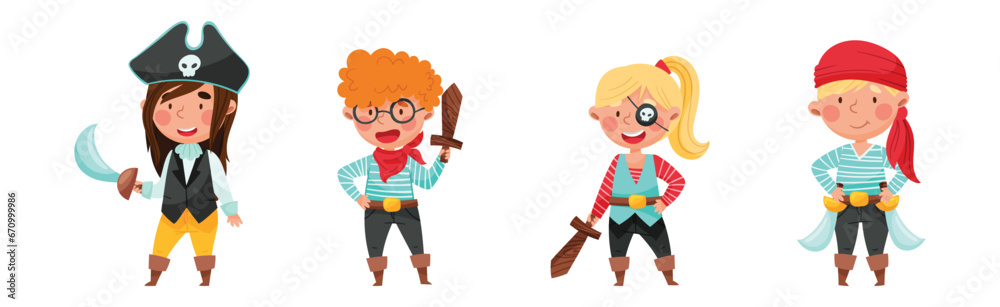 Cheerful Boy and Girl in Pirate Costume with Sword or Saber Vector Set