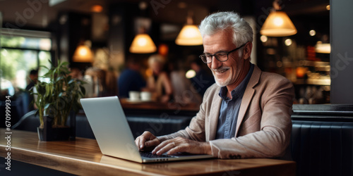 Older grey haired man with grey beard, looking happy using laptop in coffee shop 