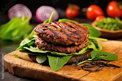 grilled vegan burger garnished with fresh lettuce