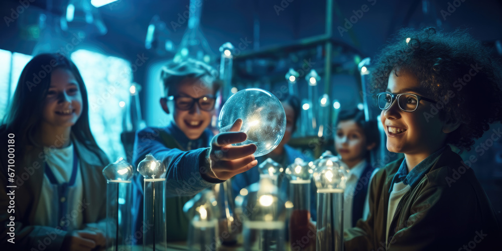 Science teacher performing interesting science experiment in front of engaged children in school - obrazy, fototapety, plakaty 