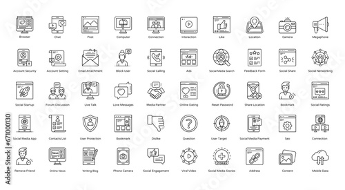 Social Media Thin Line Icons Networking Internet Iconset in Outline Style 50 Vector Icons in Black