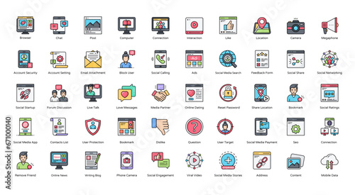 Social Media Colored Line Icons Networking Internet Iconset in Filled Outline Style 50 Vector Icons