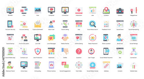 Social Media FlatIcons Networking Internet Iconset in Color Style 50 Vector Icons