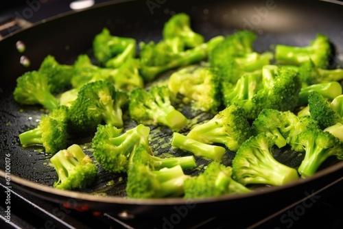 broccoli florets charred in a grill wok