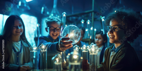 Science teacher performing interesting science experiment in front of engaged children in school photo