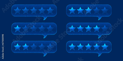 Abstract set of 5-star rating bubbles. Vector customer review concepts. Five Star Feedback. Low poly wireframe vector illustration on technology light blue background. Polygonal geometric style.