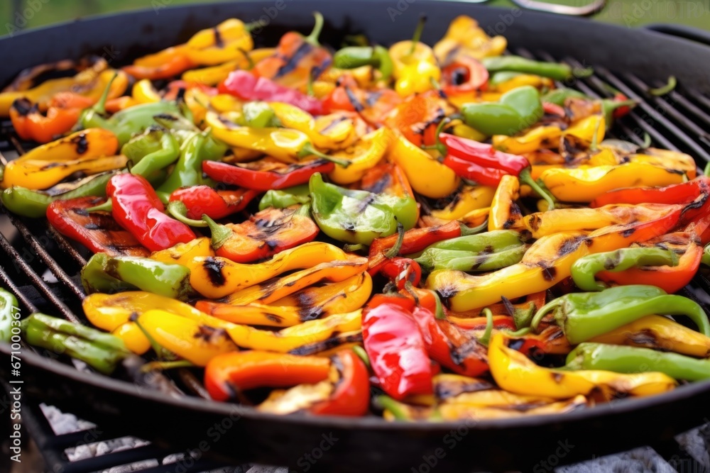grill wok filled with variety of charred peppers grill wok filled with variety of charred peppers
