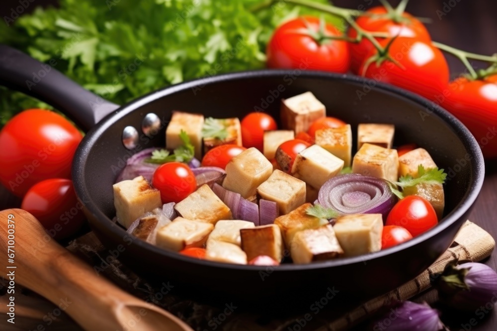 eggplant cubes and cherry tomatoes grilled in a wok