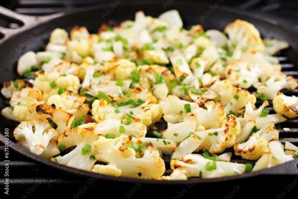 closeup of cauliflower pieces in a grill wok closeup of cauliflower pieces in a grill wok