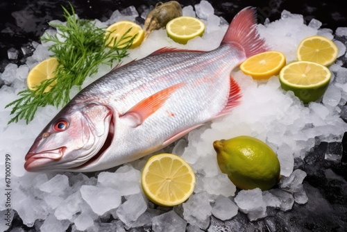 whole raw fish on ice with lemon slices and herbs scattered around