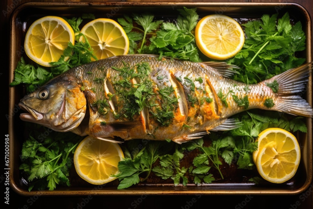 lemon glazed whole fish with a sprinkling of finely chopped parsley