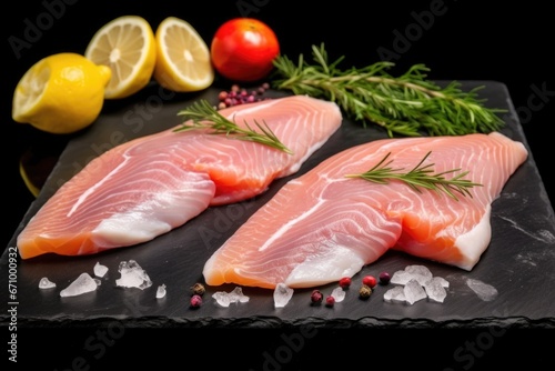 raw fish prepped with lemon wedges and rosemary on a black slate