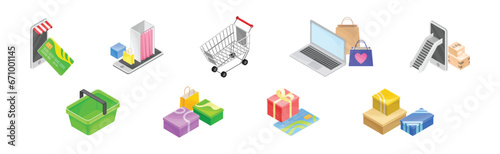 Online Shopping and Internet Purchase Isometric Object Vector Set