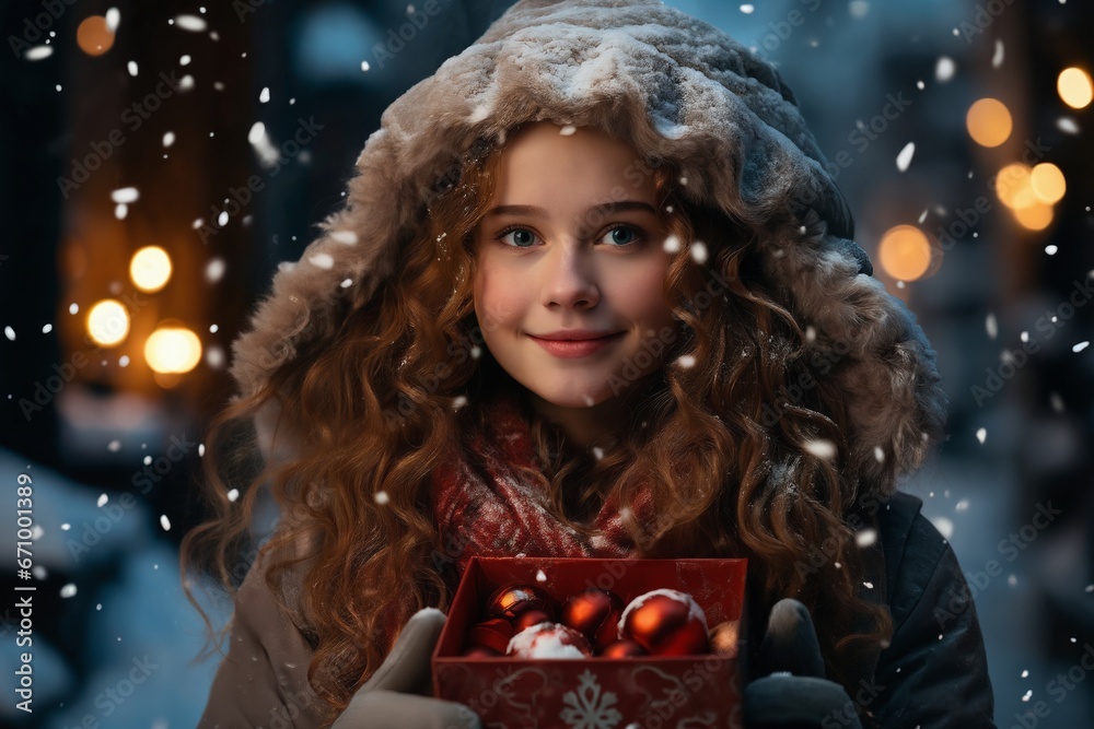 beautiful young girl portrait, with box gift in her hands, happy face, holiday lights background, city street beautiful young girl portrait, with box gift in her hands, happy face, holiday lights background, city street