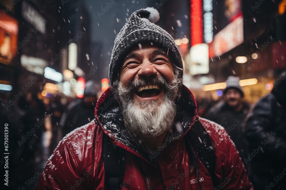 Portrait of Santa, he is cheerful and joyful, winter, snow covered city street