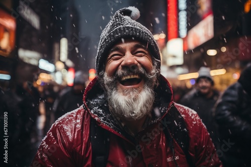 Portrait of Santa  he is cheerful and joyful  winter  snow covered city street