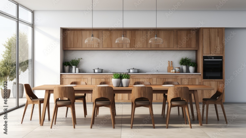 large kitchen room with modern interior design with wood table and chairs for home against the background white wall style, Generative AI