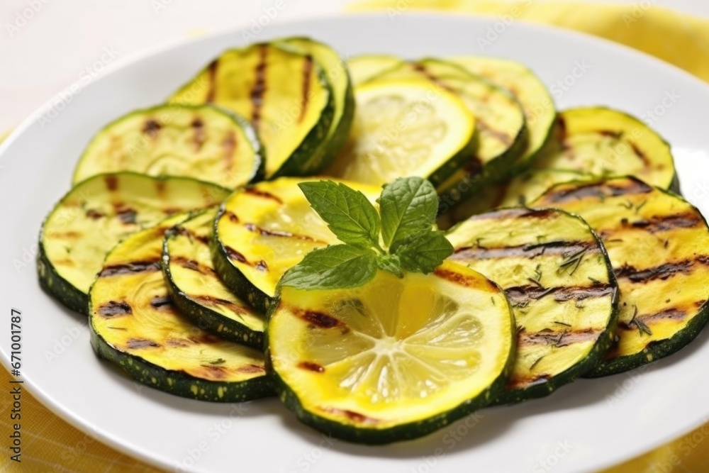 close-up of grilled zucchini slices on a white plate close-up of grilled zucchini slices on a white plate