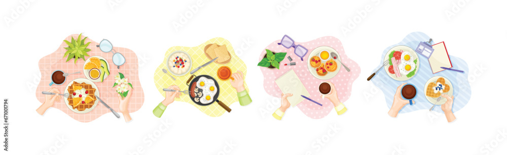 Fototapeta premium Hands and Breakfast Table Above View with Meal on Plate Vector Set