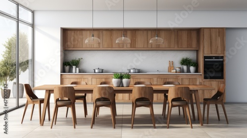 large kitchen room with modern interior design with wood table and chairs for home against the background white wall style, Generative AI