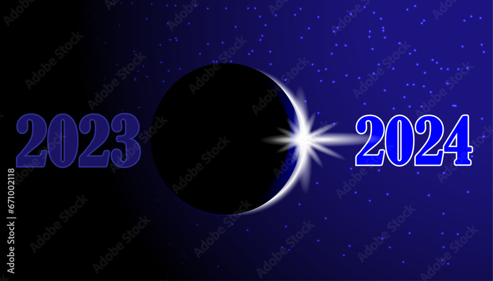 Welcome New Year 2024, vector design symbolizing the passing of the old year and the coming of the new, in a trendy creative style with a starry sky and sunlight. The concept of moving from year to ye