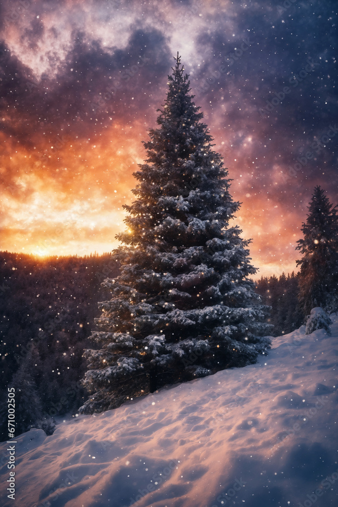 Christmas tree in a winter forest, snow covered mountains, beautiful nature at sunset Christmas tree in a winter forest, snow covered mountains, beautiful nature at sunset